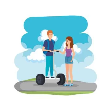 Young couple in folding e-scooter on the road Ilustração Stock