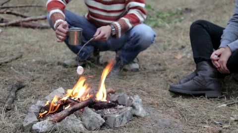 Young Couple in the Forest Cooked Marshmallows on the Campfire Stock Footage 68387099