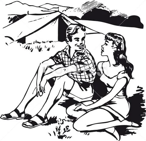 Young couple in front of the tent, Retro Vector Illustration Stock Illustration