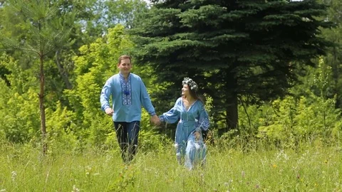 Young couple having fun on the green field in the spring or summer, general plan Stock Footage 85307096