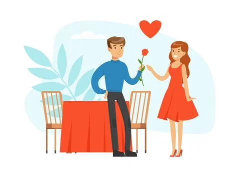 Young Couple Having Romantic Date in Cafe, Man and Woman in love Celebrating Ilustração Stock