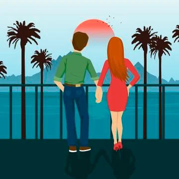 Young couple holding hands standing on seafront, Stock Illustration