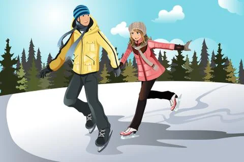Young couple ice skating Stock Illustration
