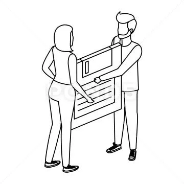 Young couple lifting floppy disk data storage Stock Illustration