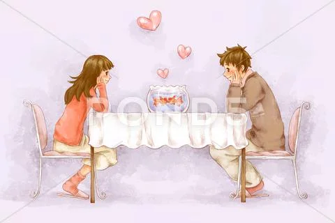 Young couple looking at love fish Stock Illustration