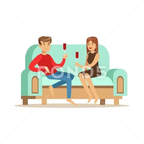 Young couple in love sitting on a light blue sofa and drinking wine, people Stock Illustration