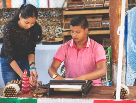 Young couple making cigars. Stock Photos