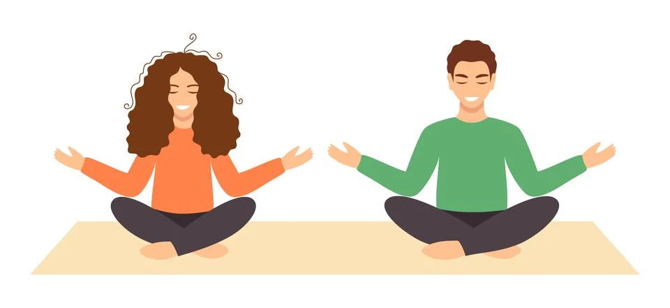 Young couple meditating together. . Vector illustration in flat style Illustrazione stock