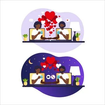 Young couple on an online chat. Virtual relationships and online dating and s Stock-Illustration