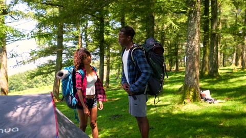 Young couple preparing for camping in forest Stock Footage 313763304