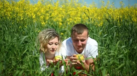 Young couple in rapeseed field Stock Footage 11100229
