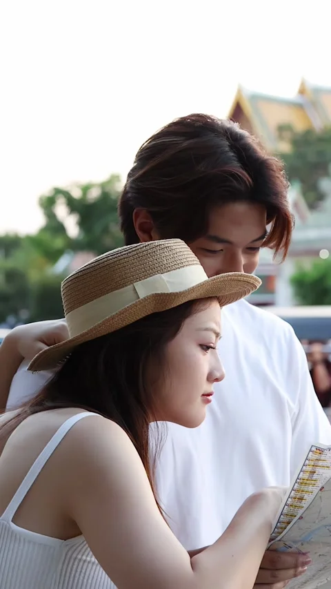 Young couple reading city map near temple landmark Stock Footage 323155385