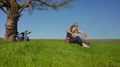 Young Couple Relaxing Under a Tree in a Vast Green Field Stock Footage 309477536