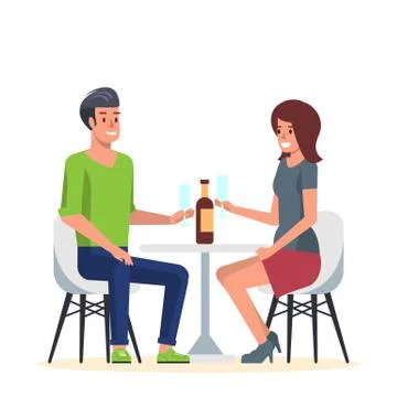 Young Couple in Romantic Date in Cafe. Flat Vector Stock Illustration