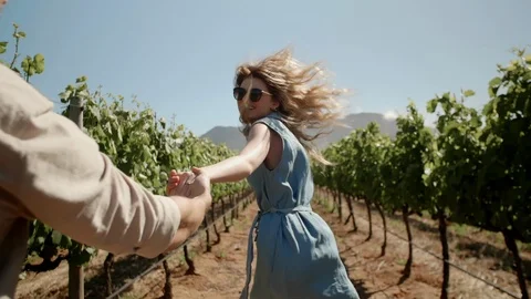 Young couple running through grape vines holding hands Stock Footage 93307279