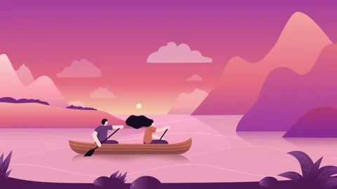Young Couple Sailing on Boat at Sunset 2D Animation.  Stock Footage 236090431