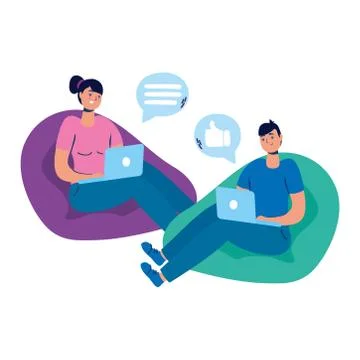 Young couple seated in sofas using laptops and social media Illustrazione stock