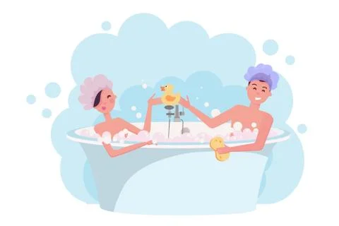 Young couple in shower caps taking a bath. Girl and guy are having fun in bub Stock Illustration