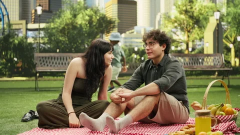 Young couple sitting face to face and smiling at each other on checkered blanket Stock Footage 341408139