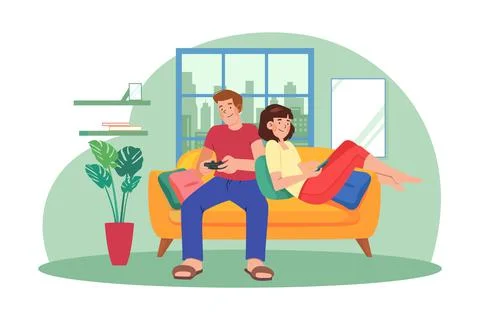 Young couple sitting on the sofa playing a game Stock Illustration