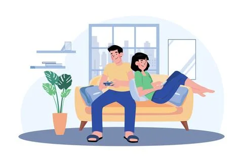 Young Couple Sitting On The Sofa Playing A Game Stock Illustration