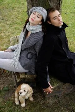 Young couple sitting under tree, with dog Stock Photos