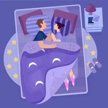 Young couple sleep on large bed in bedroom. Love, family flat vector Stock Illustration