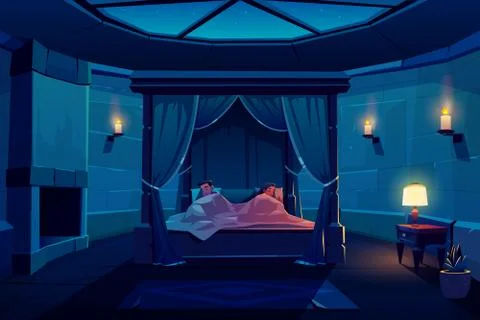 Young couple sleeping in bed with canopy in castle Stock Illustration