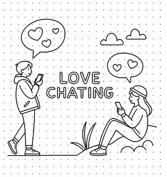 Young couple smartphone communication concept line art featuring heart speech bu Stock Illustration