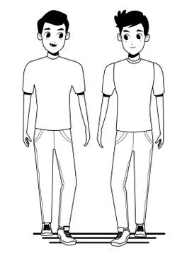 Young couple smiiling and walking cartoon in black and white Ilustración de archivo