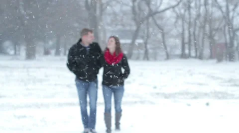 Young Couple in Snowstorm Stock Footage 33821653