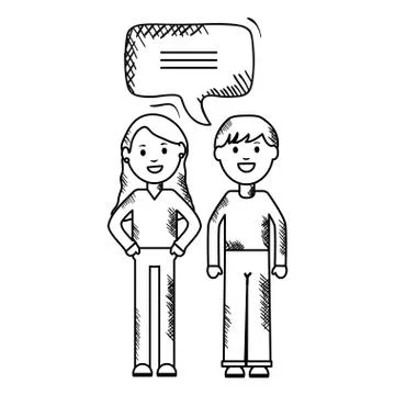 Young couple with speech bubbles avatars characters square frame and birthday Stock Illustration