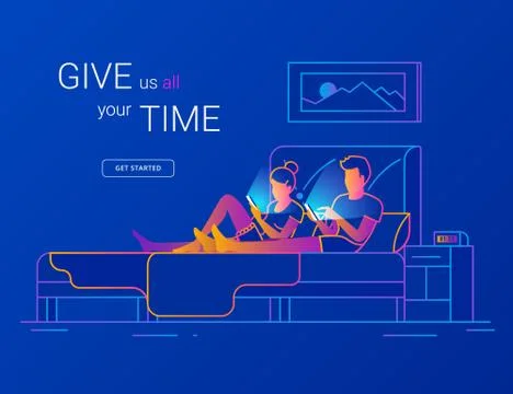 Young couple spending time in bed using smartphones for social networking Stock-Illustration