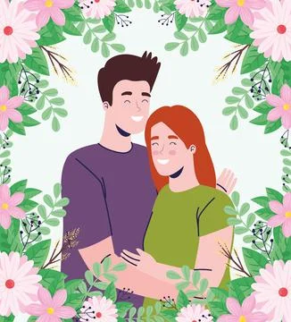 Young couple with spring flowers frame Ilustração Stock
