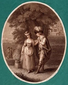 A young couple stand under a tree: she holds a sheaf of corn in one hand, t.. Stock Illustration