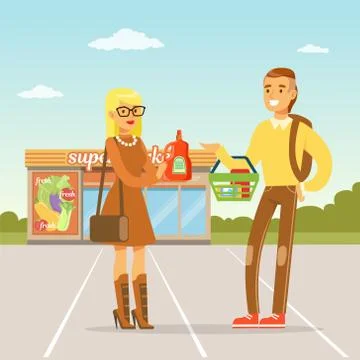Young couple standing in front of supermarket with purchases, people shopping Ilustración de archivo