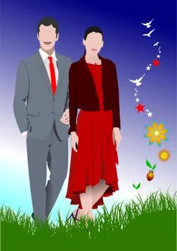 Young couple on summer background. Vector illustration Stock Illustration