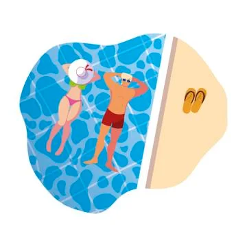 Young couple with swimsuit floating in pool Stock Illustration