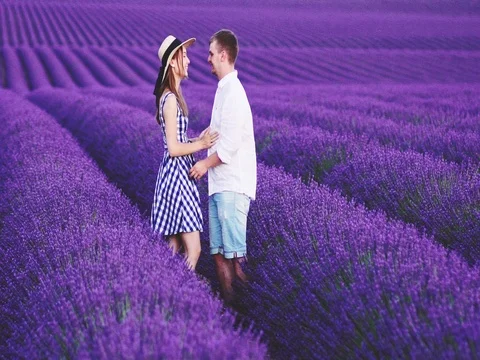 Young Couple Taking Selfie on SmartPhone in Lavender Field. SLOW MOTION 120 FPS Stock-Footage 73439792