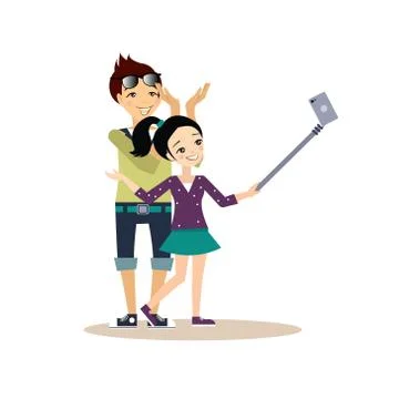 Young Couple Taking a Selfie. Vector Illustration in Flat Style Ilustração Stock