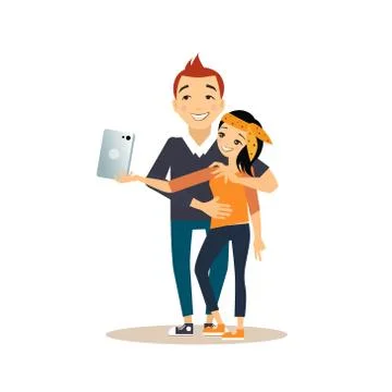 Young Couple Taking a Selfie. Vector Illustration in Flat Style Ilustração Stock