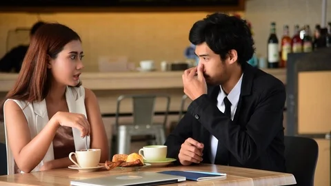 Young couple talking in cafe coffee shop happy date couple communication positiv Video stock 124316188