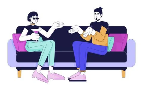 Young couple talking on sofa 2D linear cartoon characters Illustrazione stock