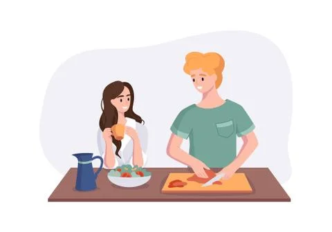 Young couple is talking while cooking breakfast at the dinner table in the Stockillustratie