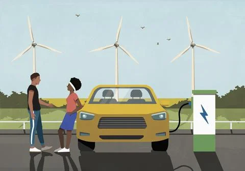 Young couple talking while waiting for electric car to charge at rural charging Illustrazione stock