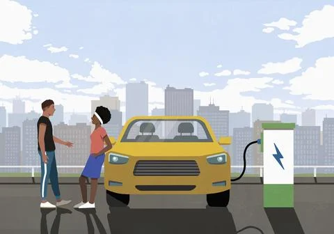 Young couple talking while waiting for electric car to charge at city charging Stock Illustration