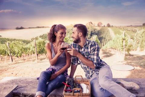 Young couple toasting in a vineyard Stock Photos