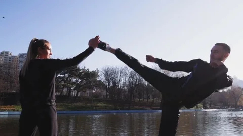 Young couple training self defense Stock Footage 85239387