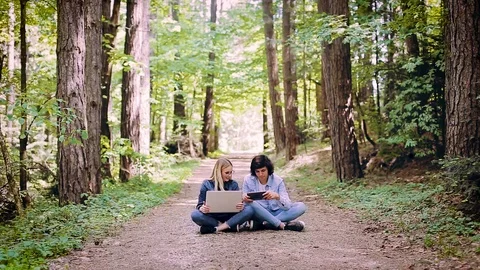 Young Couple Using Laptop And Tablet While Sitting In Forest Video stock 89892124