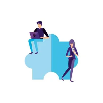 Young couple using laptop and smartphone 库存插图
